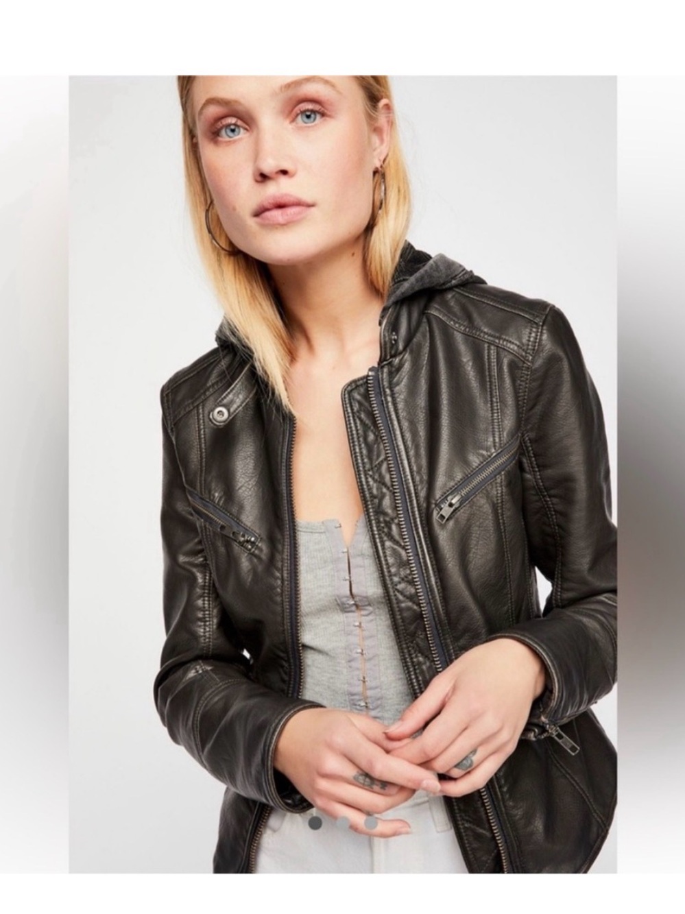 We the free Womens Black  Leather Hooded Moto Jacket